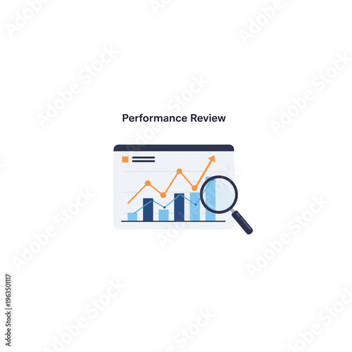 Performance review analytics graph with magnifying glass icon