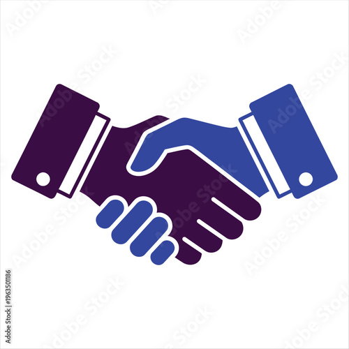 Two business people shake hands firmly, represented by stylized forearms in contrasting dark purple and bright blue colors against a white background.