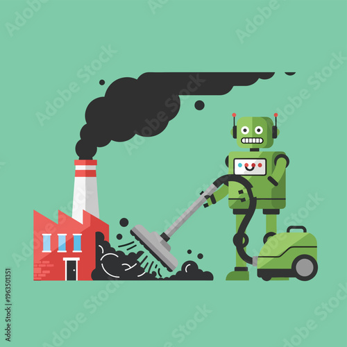 Green robot cleaning up factory pollution with vacuum cleaner symbolizing environmental cleanup and a cleaner future.