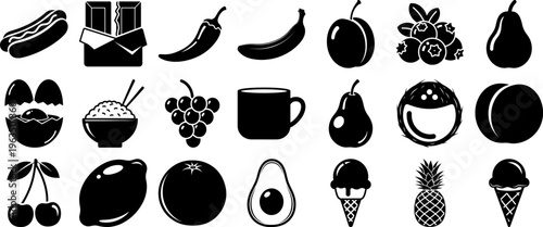 Collection of food icons including fruits and desserts on white background