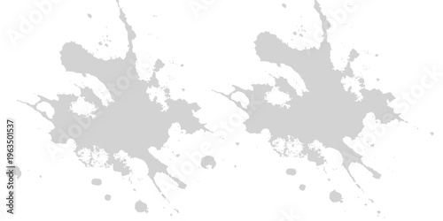 Grey paint splatter on white background, abstract ink blot with spray droplets, grunge brush stroke texture vector