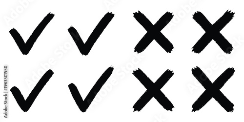 Grunge vector checkmark and cross. Grunge green check mark and red cross mark icon set. brush correct or incorrect sign with circle. Cross box x check mark checkbox v list vector draw hand drawn. 