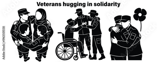 Military veterans embracing in support and unity flat illustration
