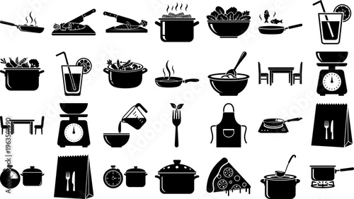 Collection of black and white kitchen utensils and food icons for cooking and recipe design