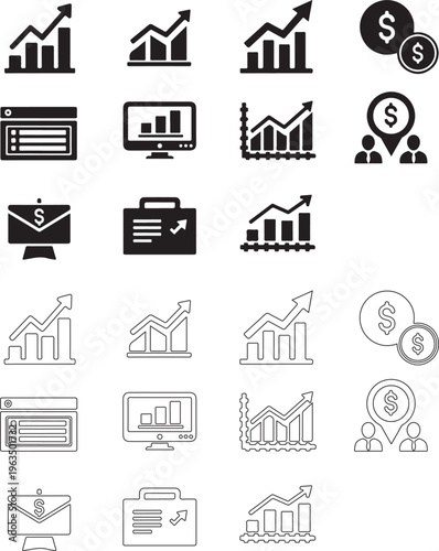 Black business growth icon. Bar chart with upward arrow symbolizing progress and success, isolated on transparent background..eps
