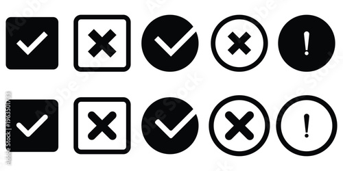 Right, wrong, tick, cross, checkmark, exclamation, question mark icons set in colorful outline and solid vector. check mark, exclamation point, x or cross mark icon set. Approve, reject and warning. 