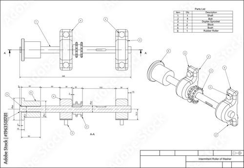 Assembly drawing of roller, sprocket with bracing and shaft of washer. Vector design of steel mechanical device with dimension lines. Engineering technic computer cad scheme on transparent background.