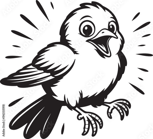 A whimsical cartoon bird appears to be singing or chirping joyfully