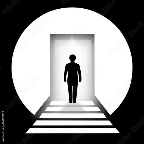 A human figure standing in a geometric portal symbolizing transition, a higher dimension, and expansion of consciousness. Concepts of the 5th dimension, transformation, and entry into another reality.