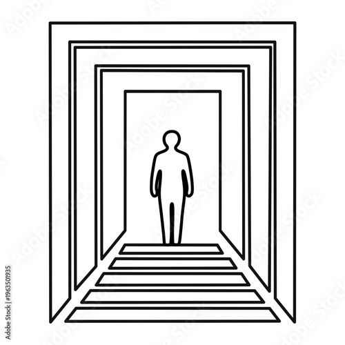 A human figure standing in a geometric portal symbolizing transition, a higher dimension, and expansion of consciousness. Concepts of the 5th dimension, transformation, and entry into another reality.