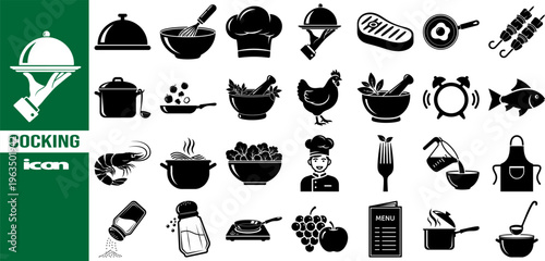 Collection of black and white cooking icons including food, Utensils, And chef symbols for culinary themes