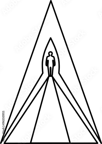 A human figure standing in a geometric portal symbolizing transition, a higher dimension, and expansion of consciousness. Concepts of the 5th dimension, transformation, and entry into another reality.