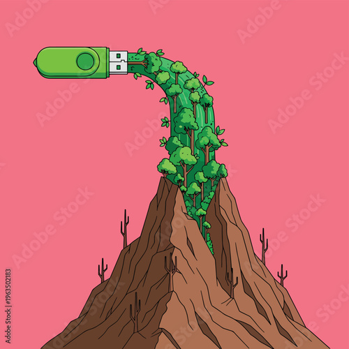 green usb flash drive pouring waterfall of trees and plants onto desert mountain symbolizing technology and nature connection.