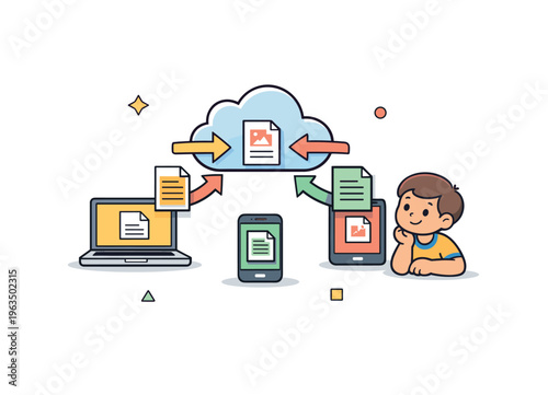 Digital data transfer between devices and cloud storage with a child watching