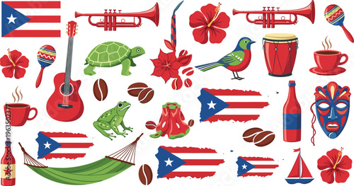 Puerto Rico culture and symbols vector set featuring flag, guitar, hibiscus, coffee, frog, turtle, mask and Caribbean elements illustration