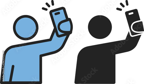 Two stylized figures holding up smartphones with excited expressions in blue and black colors