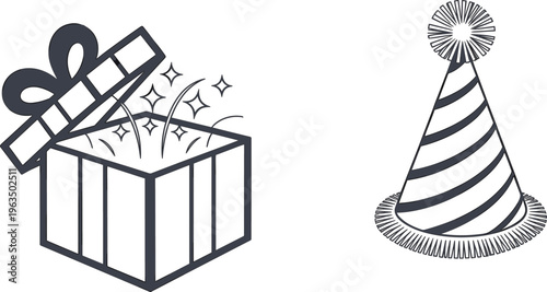 Set of party and celebration symbols including surprise gift box and birthday hat representing joy holidays and special occasions illustration