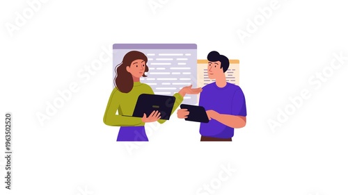 Two colleagues discussing project on tablet and laptop in flat animation