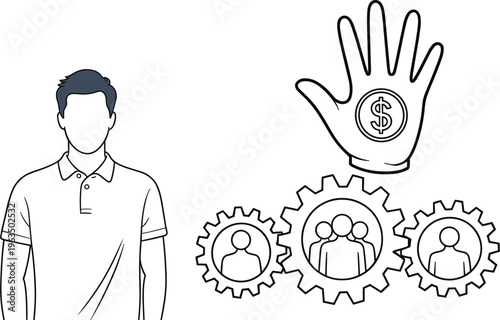 Business and workforce icons featuring employee profile payroll hand payment and team management gears in clean outline vector illustration style