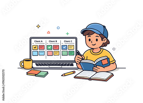 Young person with laptop and notebook planning tasks for multiple clients