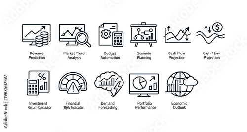 Financial analytics icons for business growth, planning, and forecasting