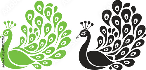 Two stylized peacocks with elaborate feather patterns in green and black colors feathers