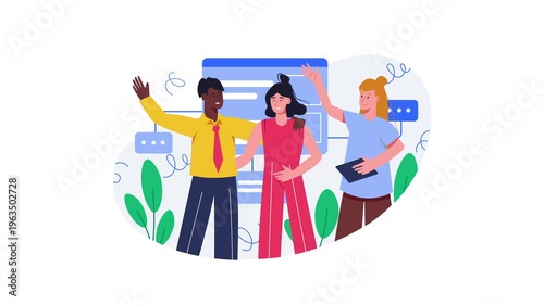 Animated diverse team waving in front of digital interface illustration