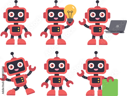 Cute red robot character set, friendly android mascot with laptop and lightbulb for technology concept