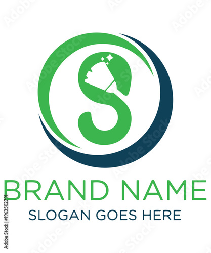 Modern S letter logo for cleaning services, featuring a broom brush and sparkling elements within a professional green and blue circle .