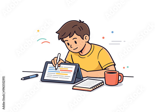 Young boy focused on coding on a tablet with a stylus and coffee nearby