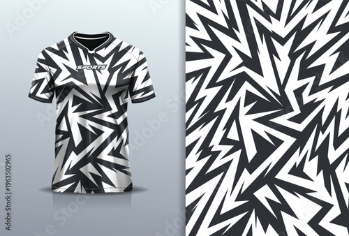 T-shirt mockup with abstract stripe line sport jersey design for football, soccer, racing, esports, running, in black white color