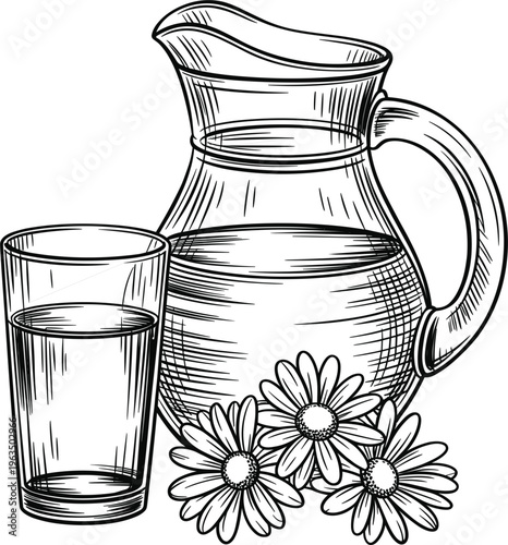 Hand drawn pitcher and glass with chamomile flowers, vintage engraving style for herbal tea concept