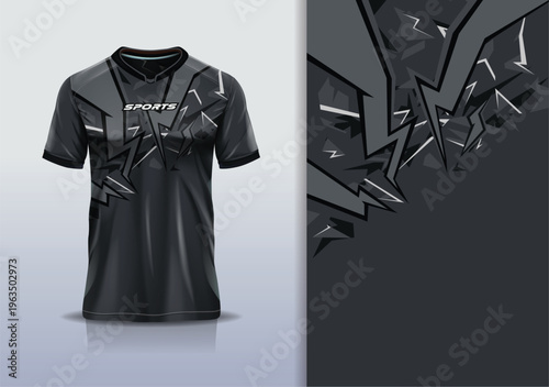 T-shirt mockup with abstract stripe line flash sport jersey design for football, soccer, racing, esports, running, in black gray white color