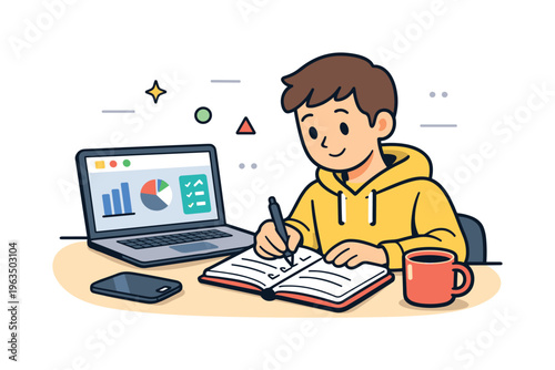 Young student focused on learning and studying with laptop and notebook