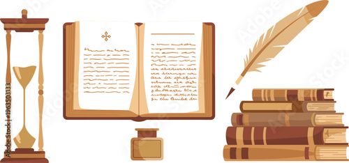 Vintage library set with hourglass, old books, quill pen and inkwell for historical writing concept