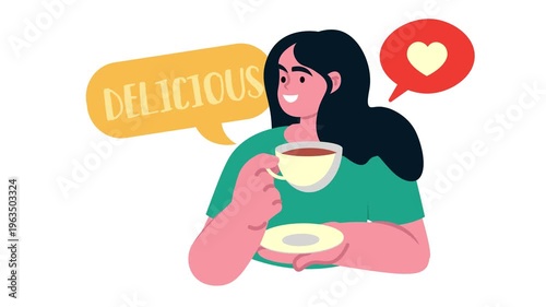Smiling woman enjoying tea with delicious speech bubble and heart icon