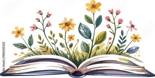 Open book with blooming flowers vector, concept for imagination, storytelling, nature and spring education theme