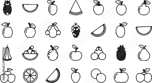 "Fruit grid vector illustration of tropical and seasonal fruits including pineapple, apple, peach, strawberry, watermelon, orange, and cherries"