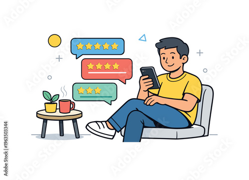 Man using smartphone to check customer reviews and ratings on social media