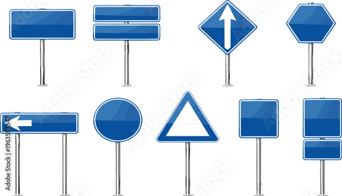Blue blank road sign vector set, empty traffic street signs for navigation, information and direction