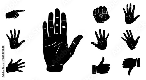 Hands black silhouette set with various gestures and poses, including thumbs up and down, pointing, and waving.