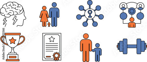 Personal development and achievement icons set featuring brain growth teamwork certificate fitness and success symbols in modern flat design style