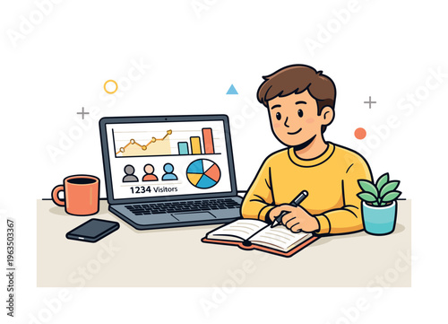 Young man analyzing data on laptop while taking notes in a notebook