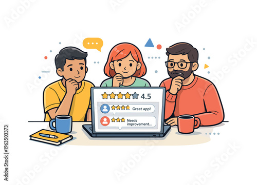 Diverse team reviews app feedback on laptop screen with star ratings and comments