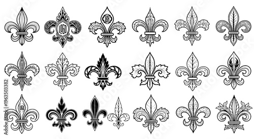 Fleur-de-lis vector set with ornate and decorative designs in black featuring white, symbol, icon with illustration and design elements for element,