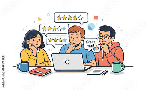 Diverse team members evaluating user feedback and app performance on laptop