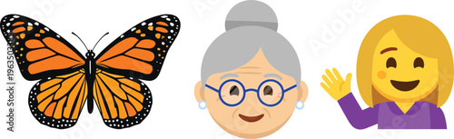 Vector illustration set featuring butterfly, elderly woman face and waving girl emoji characters in colorful flat design style