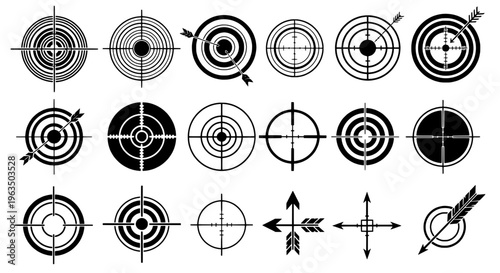 Targets hand drawn set with black curved lines, bullseye marks and arrow icons, for aiming and precision shooting, with various styles and designs.