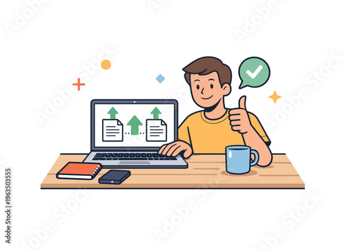 Young man giving thumbs up while working on laptop with successful upload icons