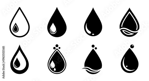 Water droplets icon set with black and white teardrop shapes and various designs featuring droplet icons, waterdrop, liquid with fluid and symbol